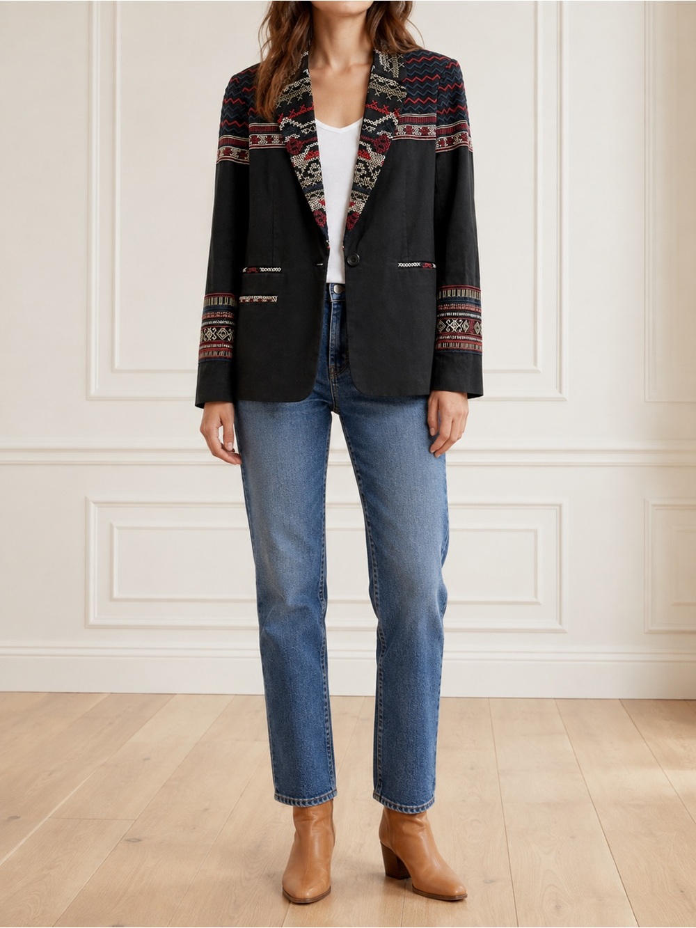 Joie Blazer Size 10 Black Embroidered Southwestern Western Boho Jacket Cotton - Picture 10 of 10